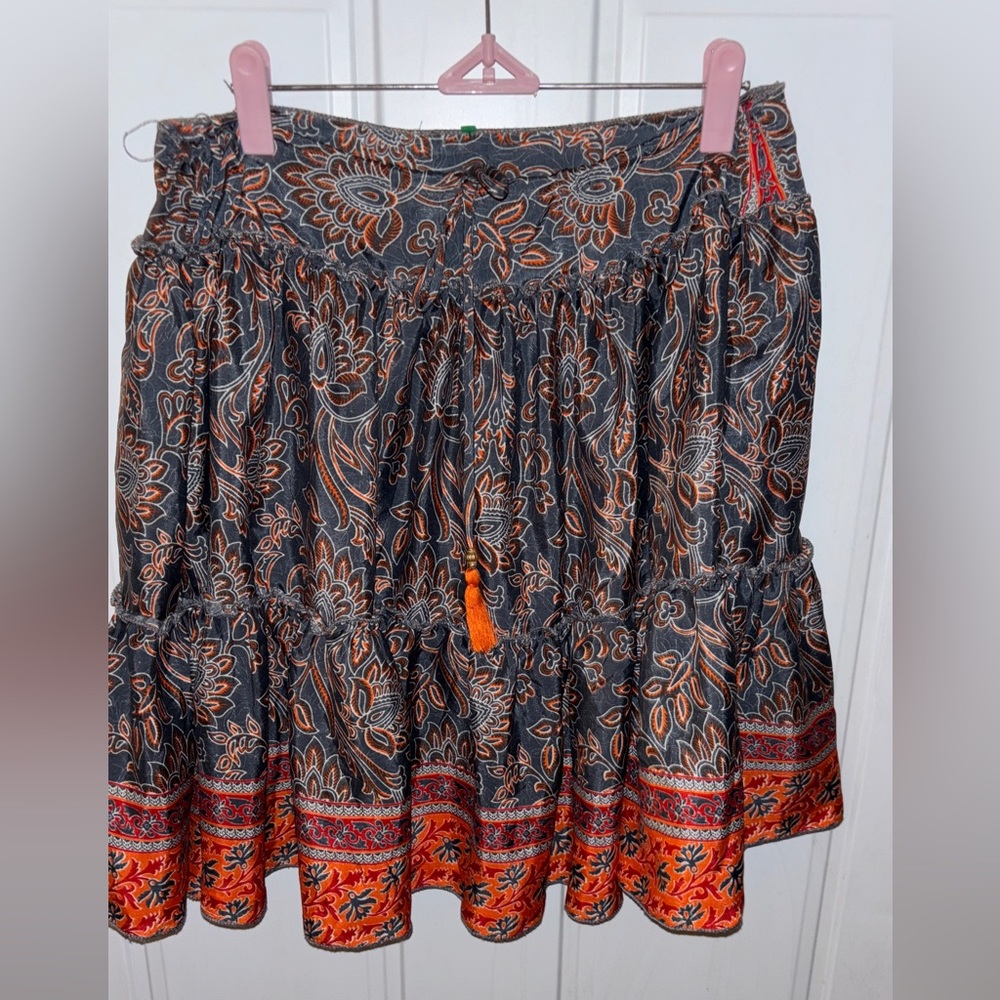 Baladeu Boho Indie Orange & Gray Paisley A-Line Skirt waist 15”